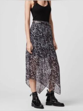 AllSaints Rhea animal print slip skirt. 
Sheer Asymmetric Hem Black/Gray